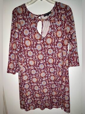 Three Hearts Burgundy Paisley Medallion Keyhole Tunic Dress